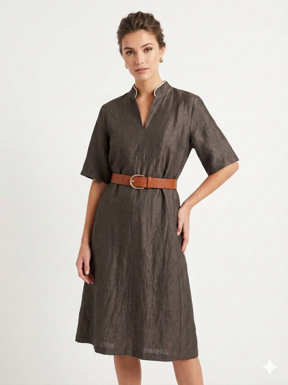 TONET Italy Brown Linen Blend Shift Dress with Pockets Size 46 Vacation Summer